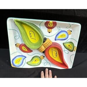 Vintage CLAY ART Holiday LIGHTS Bulbs 15.5” Christmas Chip and Dip Platter -S1